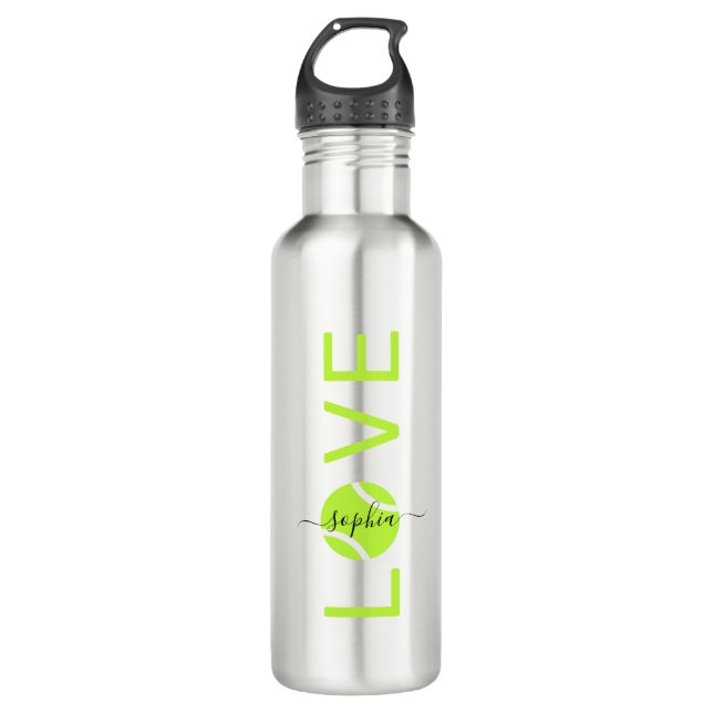 Personalized Tennis Love Silver Green Stainless Steel Water Bottle (Front)