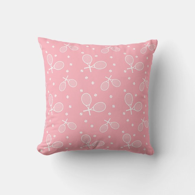 Personalized tennis pink racquets & balls pattern throw pillow (Front)