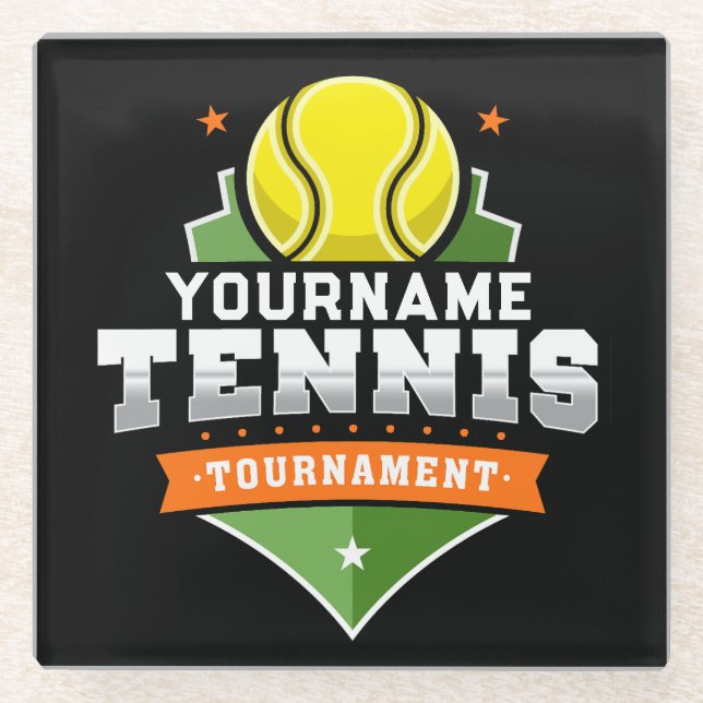 Personalized Tennis Player NAME Varsity Tournament Glass Coaster (Front)