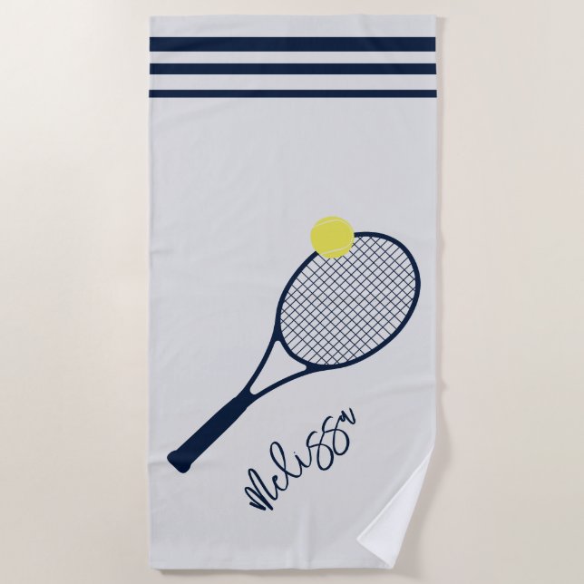 Personalized Tennis Player Racket and Ball Motif Beach Towel (Front)
