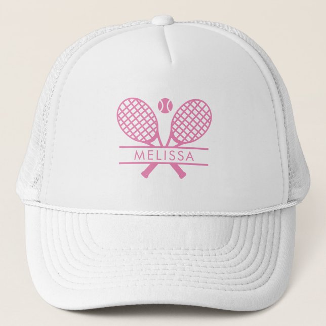 Personalized Tennis Racket and Ball Pink Motif Trucker Hat (Front)
