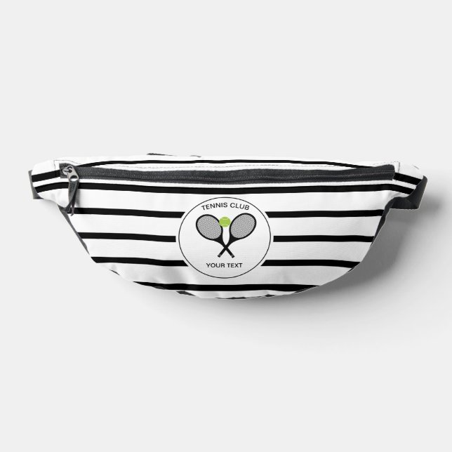 Personalized Tennis Racket Black and White Striped Fanny Pack (Lay Down)