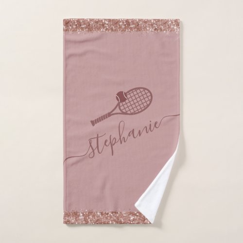 Personalized Tennis Script Name Mauve Glitter Hand Towel