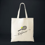 Personalized Tennis Script Name Practice Ball Tote Bag<br><div class="desc">Personalized tennis ball tote bag with a simple cute tennis racket graphic and custom name or text in a feminine girly and modern pretty script font monogram. Any girls or women's tennis player would appreciate the elegant look on this modern and minimal useful tennis-themed tote bag that can be used...</div>