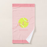 Personalized Tennis Sport Pink Hand Towel<br><div class="desc">Personalized rose gold blush and coral pink tennis towel with a simple cute tennis ball "ace" design and custom name or text in a feminine girly and modern pretty script font monogram. Any girls or womens tennis player would appreciate the elegant look on this modern and minimal useful tennis themed...</div>