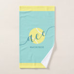 Personalized Tennis Sport Teal Hand Towel<br><div class="desc">Personalized teal blue tennis towel with a simple cute aqua turquoise and yellow tennis ball "ace" design and custom name or text in a feminine girly and modern pretty script font monogram. Any girls or womens tennis player would appreciate the elegant look on this modern and minimal useful tennis themed...</div>
