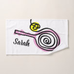 Personalized tennis sports hand towel for players<br><div class="desc">Personalized tennis sports hand towel for players or coach. Cute pink tennis racquet and ball design with custom name or quote. Fun novelty Birthday presents for her; tennis enthusiast, best friend, mom, wife, sister, doubles partner, world's greatest coach, trainer, girl, coworker, lady boss etc. Handy white towel for on court...</div>