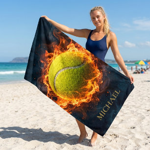 Personalized Tennis with Fiery Ball Beach Towel