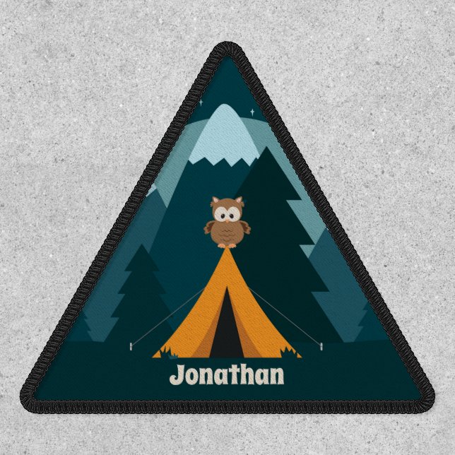 Personalized Tent, Owl and Mountains Camping Patch (Front)