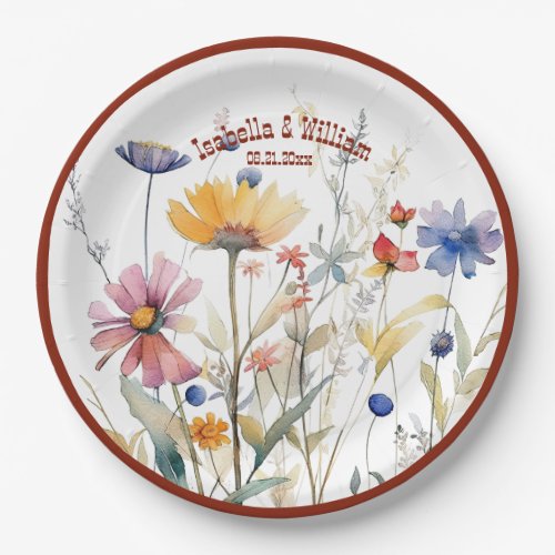 Personalized Terra Cotta Fall Wildflowers Wedding Paper Plates