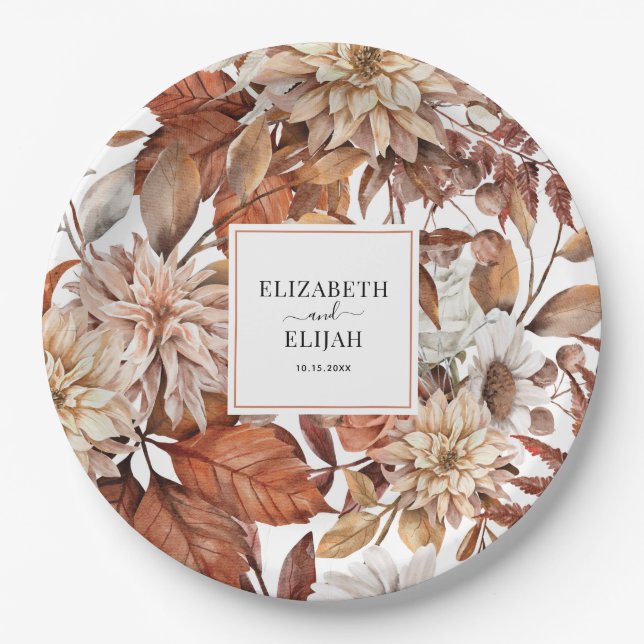 Personalized Terracotta Autumn Fall Wedding Paper Plates (Front)