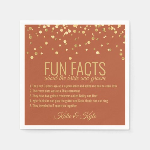 Personalized TERRACOTTA Gold Confetti FUN FACTS Napkins