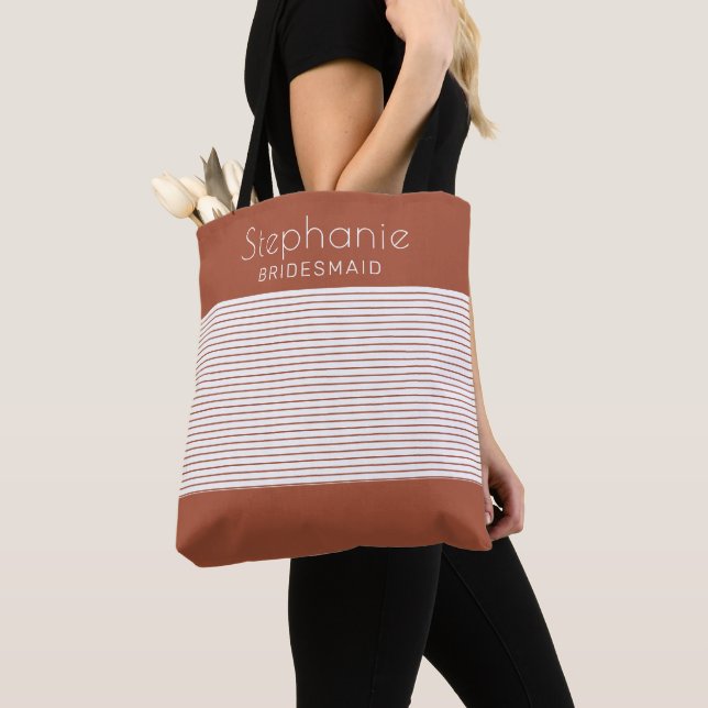 Personalized Terracotta Striped Bridesmaid  Tote Bag (Close Up)