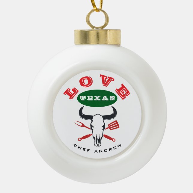 Personalized TEXAS BBQ, Custom State, Name Chef Ceramic Ball Christmas Ornament (Front)
