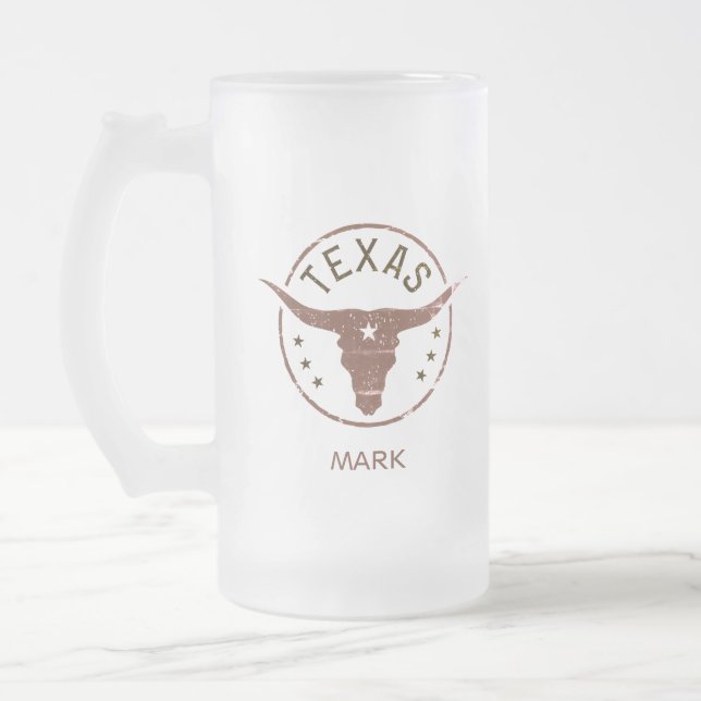 Personalized Texas Longhorn Frosted Glass Beer Mug (Left)