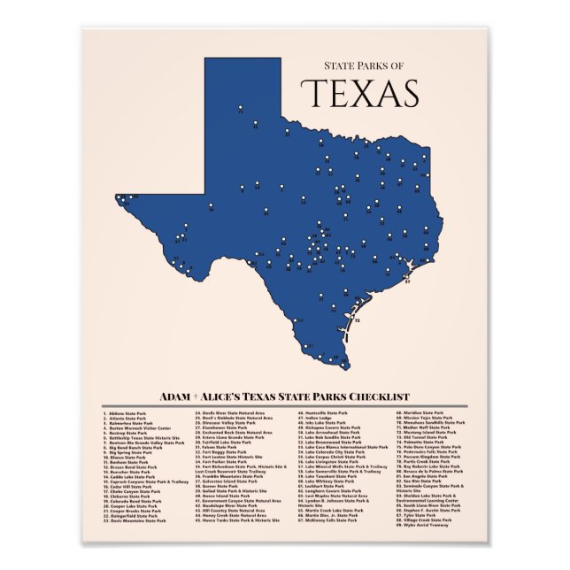 Personalized Texas State Park Map Checklist Photo  (Front)
