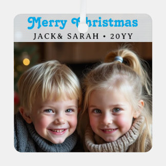 Personalized Text 2 Photo Green Retro Typography Metal Ornament