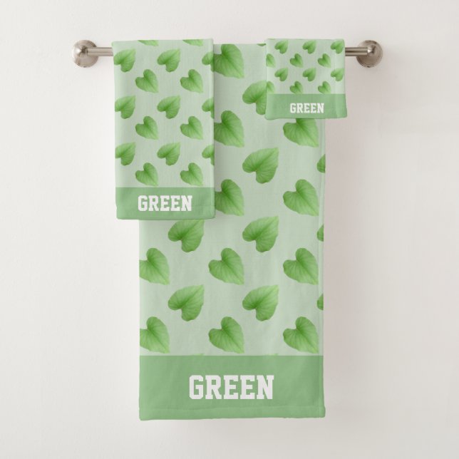 Personalized Text and Leaves on Light Green Bath Towel Set (Insitu)
