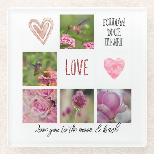 Personalized Text and Photo Collage Love Pink Glass Coaster