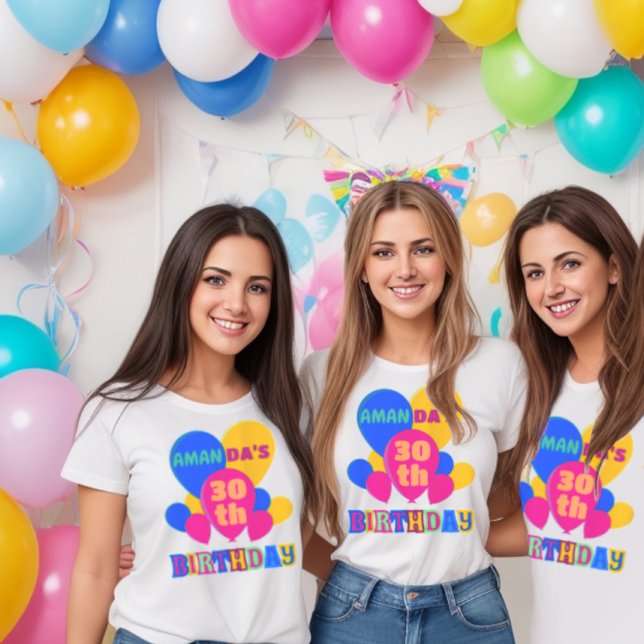 Personalized text balloons birthday party T-Shirt (Playful and cheerful birthday party t-shirt sure to be a hit among your guests.)