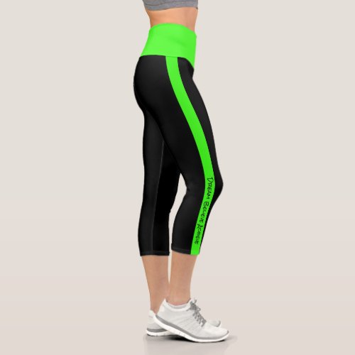 Personalized Text Black Neon Green Stripes Capri Leggings