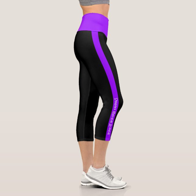 Personalized Text Black Neon Purple Stripes Capri Leggings (Right)