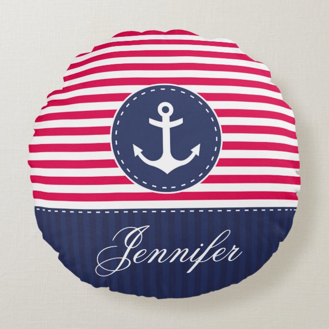 Personalized Text Blue and Red Nautical Anchor Round Pillow (Front)