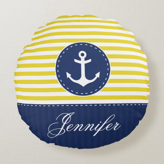 Personalized Text Blue and Yellow Nautical Anchor Round Pillow (Front)