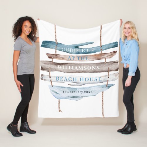 Personalized Text Coastal Driftwood Beach Theme Fleece Blanket