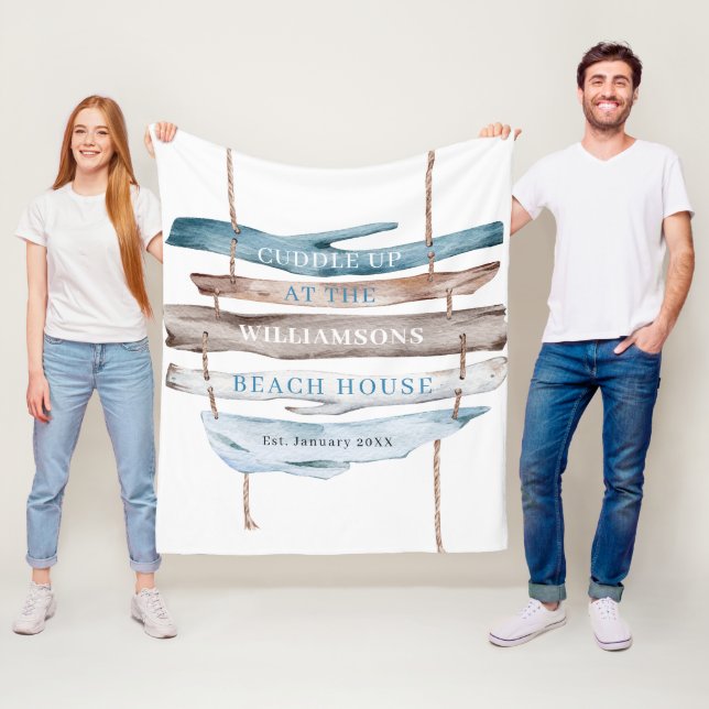 Personalized Text, Coastal Driftwood Beach Theme Fleece Blanket (In Situ)