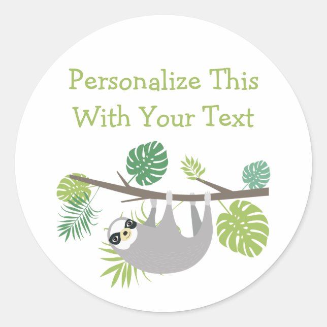 Personalized Text Fun Hanging Sloth Classic Round Sticker (Front)