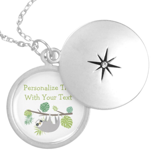 Personalized Text Fun Hanging Sloth Locket Necklace (Front)
