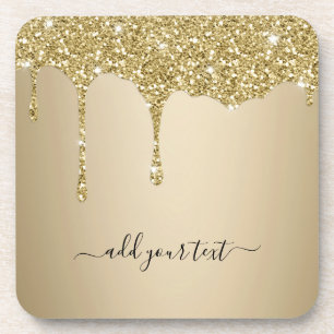 Personalized Text Gold Glitter Sparkle Drips Beverage Coaster