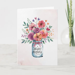 Personalized text Happy Birthday Floral Bouquet    Card