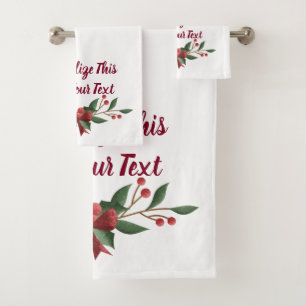 Personalized Text Holly and Berry Christmas Bath Towel Set