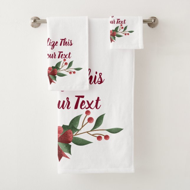 Personalized Text Holly and Berry Christmas Bath Towel Set (Insitu)