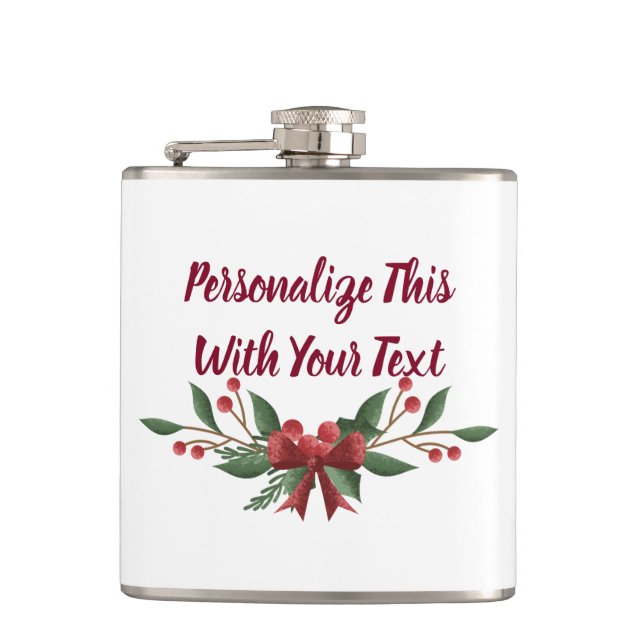 Personalized Text Holly and Berry Christmas Flask (Front)