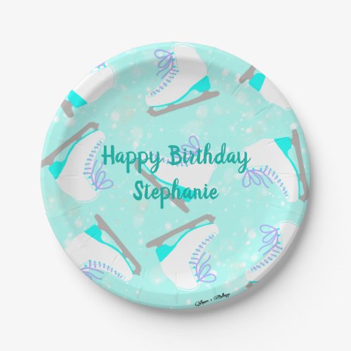 Personalized Text Ice Skating Pattern Blue Girls Paper Plates