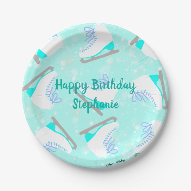 Personalized Text Ice Skating Pattern Blue Girl's Paper Plates (Front)