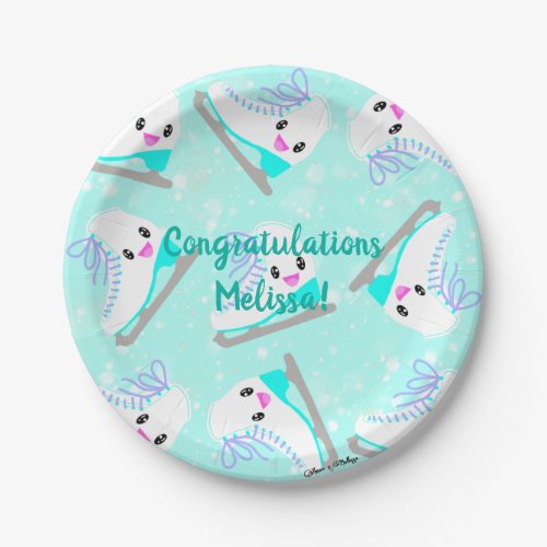 Personalized Text Ice Skating Pattern Blue Kawaii Paper Plates