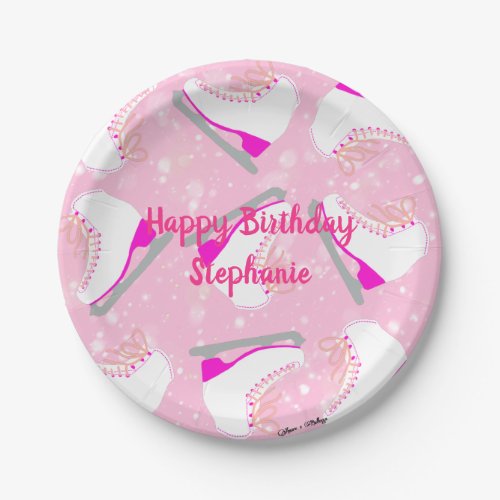 Personalized Text Ice Skating Pattern Pink Girls Paper Plates