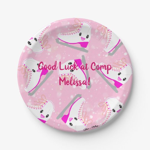 Personalized Text Ice Skating Pattern Pink Kawaii Paper Plates