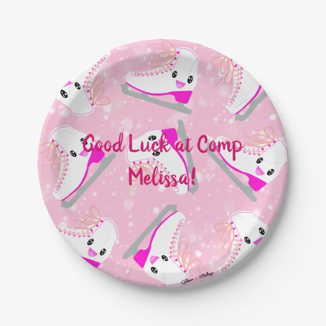 Personalized Text Ice Skating Pattern Pink Kawaii Paper Plates (Front)