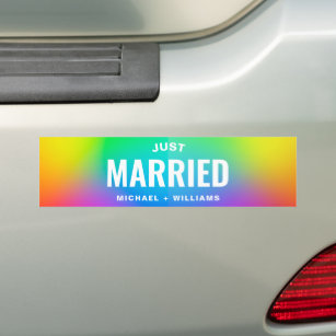 Personalized text Just Married Rainbow Gay Bumper Sticker