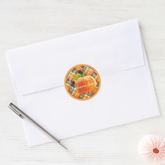 Personalized Text On Autumn Plaid Pattern 20XX Classic Round Sticker (Envelope)