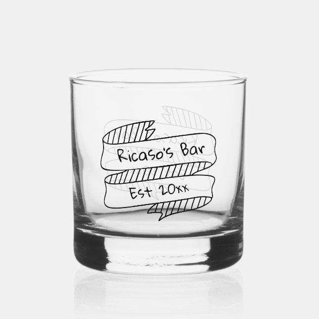 Personalized Text On Hand Drawn Ribbon Banner Whiskey Glass (Front)