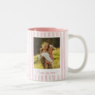 Personalized Text Photo Pink Stripes Coquette Two-Tone Coffee Mug
