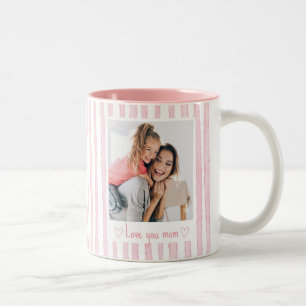 Personalized Text Photo Pink Stripes Coquette Two-Tone Coffee Mug
