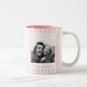 Personalized Text Photo Pink Stripes Coquette  Two-Tone Coffee Mug