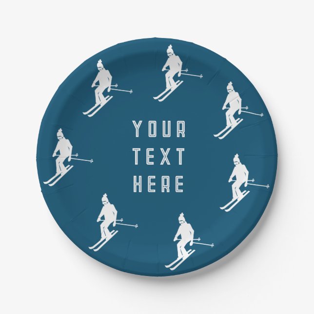 Personalized Text Skiers Skiing Ski Blue White  Paper Plates (Front)